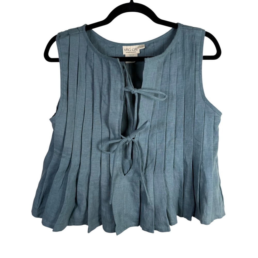 VRG GRL Valeria 100% Linen Boxy Pleated Tie Front Top Size 10